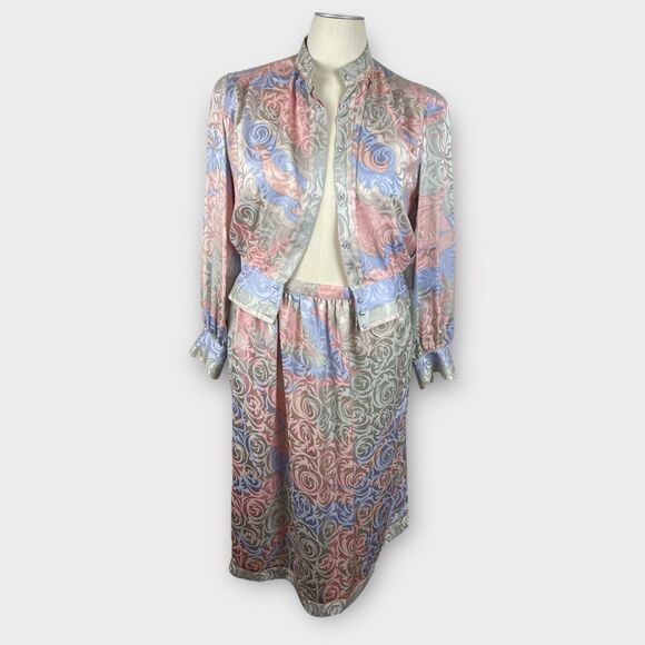 Anne Crimmins for Umi Collections 80s Silk Blouse Skirt Set Pastels Satin Sz 14 - Picture 4 of 12